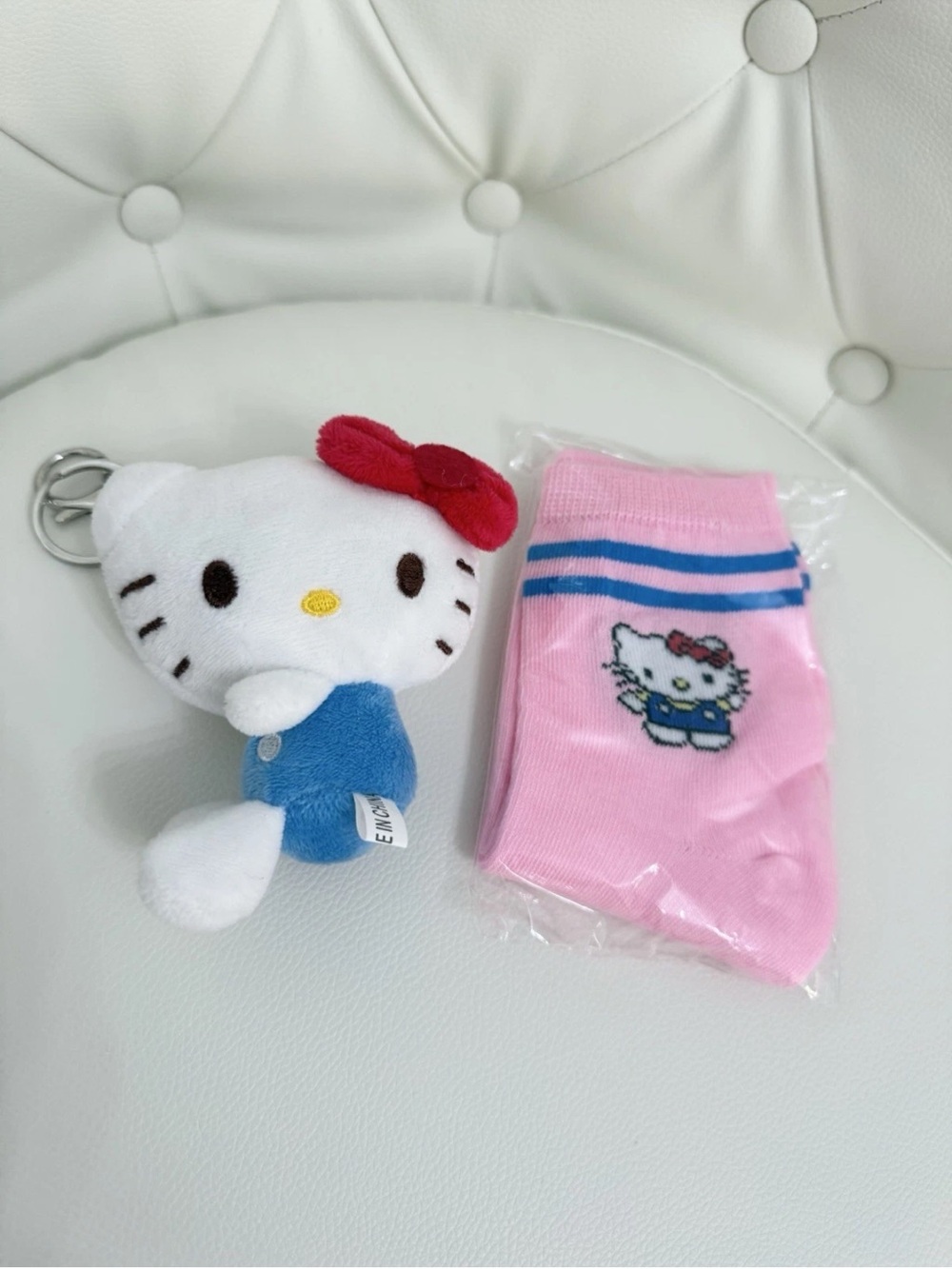 Hello Kitty Plush Keychain with Pink Striped Socks - White, Red, Blue, Pink